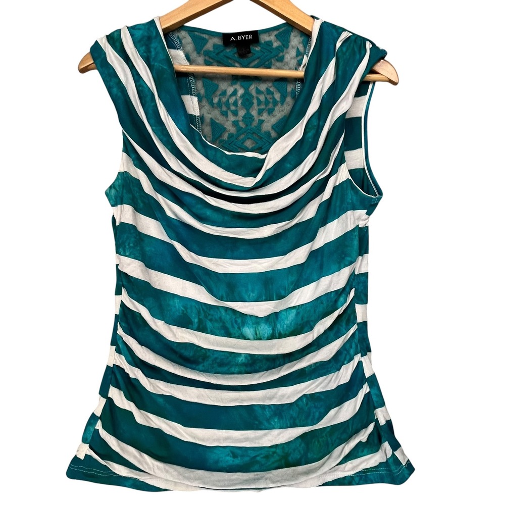 A. Byer Womens Cowl Neck Sleeveless Top Turquoise White Striped Lace Back Large